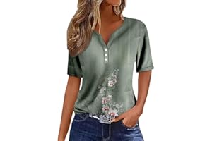 KANPOLA DAMEN SWEATSHIRTS Kanpola Bluse Damen Elegant V-Ausschnitt T-Shirt Mode Bunte Drucken Lose Kurzarm Sommeroberteile Knopfleiste Tunika Tops Frauen Hemdbluse Freizeit Strand Oberteile Sommershirts