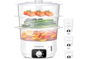 Cozeemax 13.7QT Electric Food Steamer for Cooking, 3 Tier Vegetable Steamer for Fast Simultaneous Cooking, 60 Minute Timer, BPA Free Baskets, 800W (White)