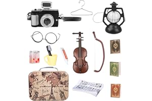 Ctxtqtdt 14 STK Miniatur Wichtel Zubehör, Miniatur Puppenhaus Zubehör Set, Miniatur Möbel mit Koffer Zahnpasta Zahnbürste Tasse Seife Kleiderbügel Kamera Petroleumlampe Cello Bücher Brille Zeitung