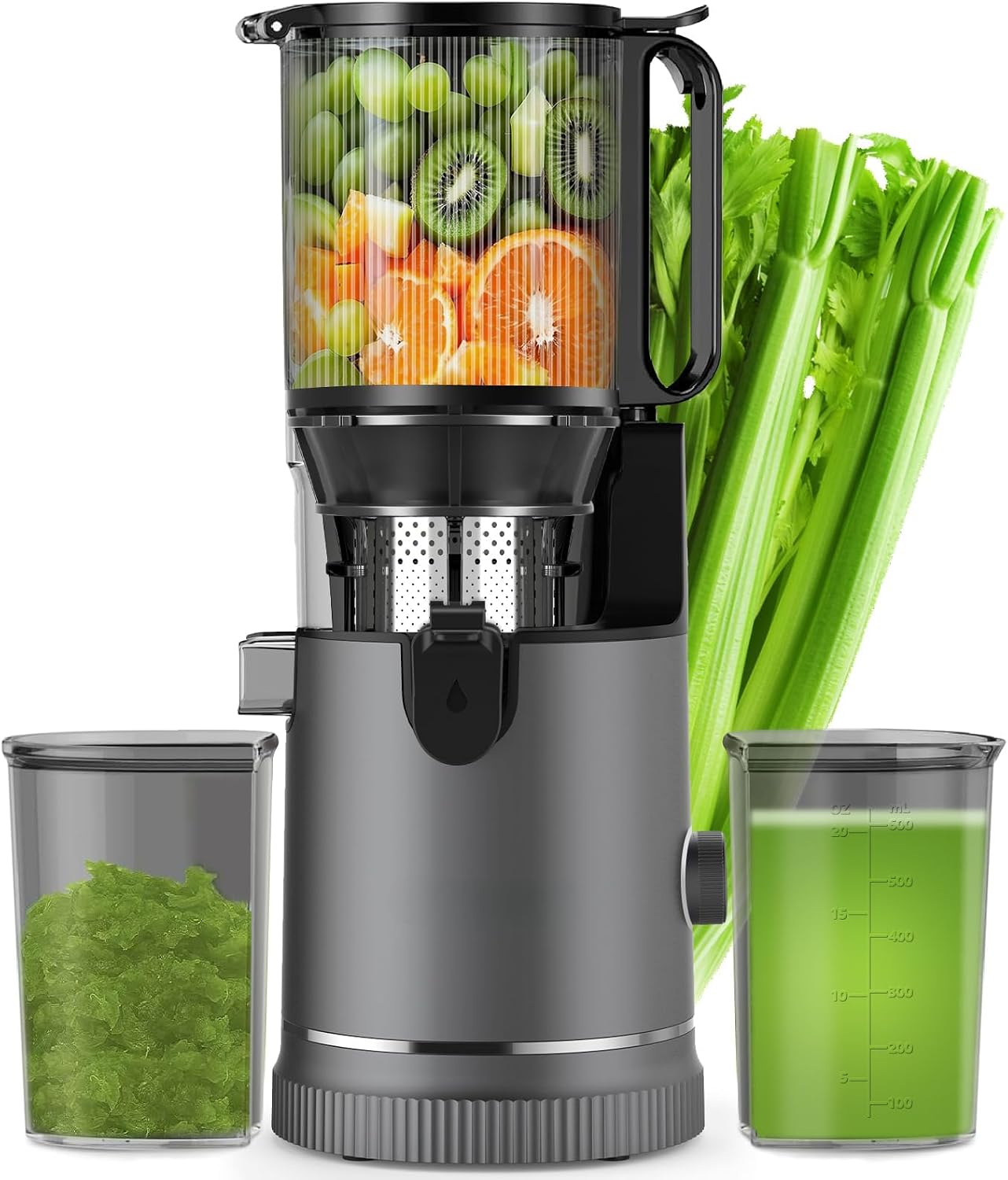 Extractor de Zumos – Slow Juicer con Boca XL de 147 mm y Motor de 400 W, Alta Extracción y Conservación de Nutrientes, Capacidad de 1,8 L con 2 Vasos, Libre de BPA, Para Frutas y Verduras Enteras