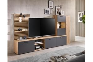 moebel-dich-auf Wohnwand Anbauwand Wohnzimmer-Set Ancona in Artisan Eiche Nb. / anthrazit, Wandboard + Lowboard + Vitrine (BxHxT) 250x135x38 cm