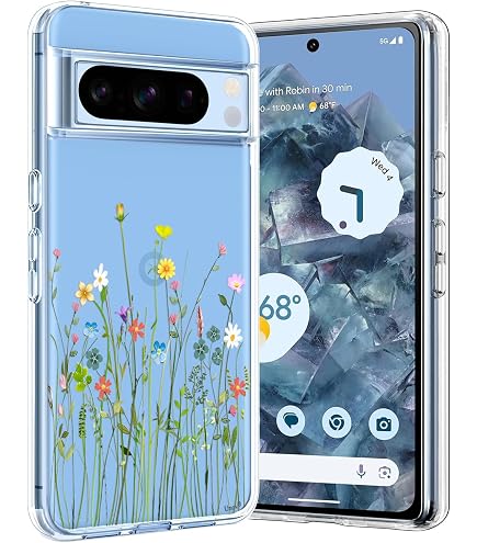 Gronda Handyhülle Für Google Pixel 8 Pro – Transparent Mit Grünen Blumen, Stoßfest & Vergilbungsfrei