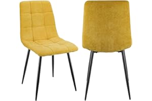 JIJIAN Lot de 2 Chaises de Salle à Manger, Chaises Tapissées en Tissu de Lin et Pieds en Métal Noir, Design en Damier, pour Salle de Séjour Chambre à Coucher Cuisine Salon Réception, Jaune
