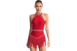 inhzoy Donna Vestito da Ballo Latino Americano Senza Maniche con Nappa Frange Abito da Pattinaggio Artistico con Strass Body Danza Ballerina Costume Danza del Ventre