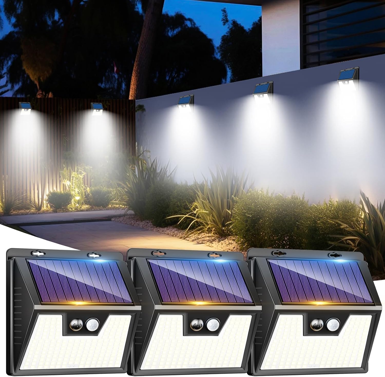 LOTMOS 3 Paquete Luz Solar Exterior, 176 LED Focos Led Exterior Solares con Sensor de Movimiento, 3 Modes Impermeable Lamparas Solares Potente para Jardín, Garaje, Calle, Patio, Caminos (Blanco Frío)