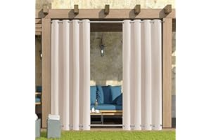 Rosnek Outdoor Curtains Waterproof,Thermal Insulated Pergola Curtains Blackout Gazebo Curtains Waterproof Windproof with Drape Eyelet Top and Bottom,Beige,52W''x 96L'',1 Panel