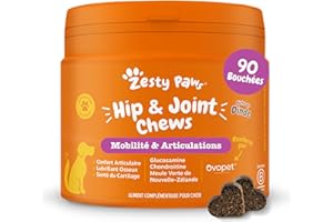 Zesty Paws Hip & Joint Mobilité - Flexibilité des articulations - Complément pour sous Chien Forme de friandise - Glucosamine - Chondroïtine - Ovopet®- Moule Verte de Nouvelle-Zélande - 90 Unités