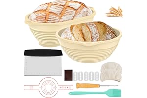 CAUTIOUS Lot de 2 Banneton pour Pain Silicone paniers à pain rond et ovale Pliable corbeille à pain Kit boulangerie avec couteau à pain 5 lames brosse à huile pour Boulangers Pâtisserie