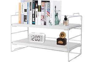 Powerking Organizer na biurko, 2-poziomowy, malowany na biało, metalowa rama i deska z drewna tekowego, wielofunkcyjny stojak ekspozycyjny do przechowywania