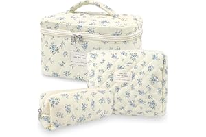 Aucuu Beauty Case, 3 Pezzi Floreale Grande Capacità per Il Trucco, Borsa da Toilette Trapuntata, Beauty Case da Viaggio Cotone Morbido, Beauty Trapuntato Grandei da Toilette Makeup Bag Organizer