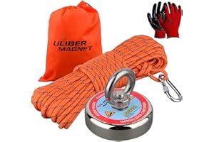 ULIBERMAG Potenti magneti al neodimio da 180KG con corda in nylon da 20 m e guanti antiscivolo per la pesca magnetica, il riciclaggio, la caccia al tesoro nel fiume, nel lago..