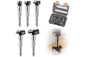 FUERDICH Juego de Brocas Forstner para Carpintería, Juego de Brocas para Madera Recientemente Mejorado con Varilla de Extensión, Topes de Profundidad, Biela M10,15 mm, 20 mm, 25 mm, 30 mm, 35 mm