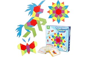 Coogam 160 PCS Wooden Shape Puzzle Pattern Blocks, Tangrams Geometric Brain Teaser Toy Game, Geo Montessori Preschool Learning Activity STEM Gift for Kids with 24 Pcs Design Cards