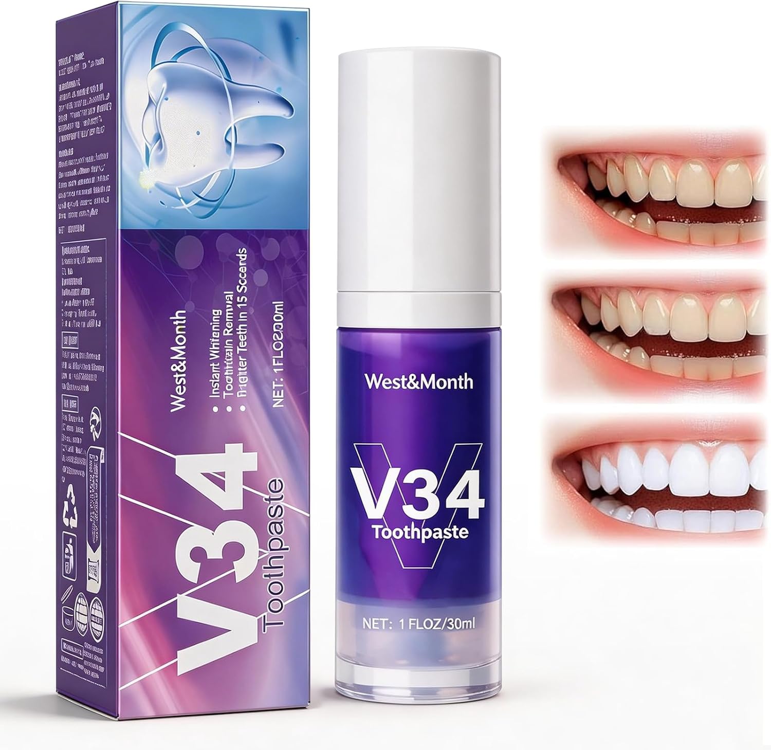 30ml Pasta de Dientes Púrpura Blanqueadora, Pasta Blanqueadora, Dientes Limpios y Brillantes, Proporciona un Blanqueamiento Suave y una Limpieza Eficaz, para una Sonrisa Más Blanca y Luminosa