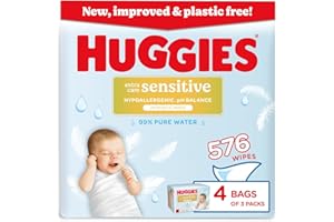 Huggies Pure Extra Sensitive Baby Wipes – Plastic Free Wet Wipes, 99% Water, Fragrance Free, Hypoallergenic, Extar soft texture with soft pillows. – 12 Pack (576 Wipes)