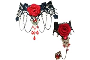 JinYu 2 set di collana girocollo e bracciale retrò fatto a mano per le donne gotiche in pizzo nero collana per Halloween punk costume party corte reale vampiro girocollo, Pizzo