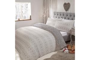 Sleepdown Fairisle Printed Flannel Fleece Abstract Stripes White Grey Reversible Duvet Cover Quilt Bedding Set with Pillowcases Super Soft Warm & Cosy - King (220cm x 230cm)