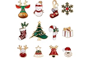 LANFLY 12 Pcs Christmas Brooches, Pin Xmas Tree Deer Snowman Snowflake Enamel Badge Charm, Christmas Pin Badges for Unisex, Christmas Charms for Clothes Bags Hats Accessories, Xmas Ornaments Crafts Gift
