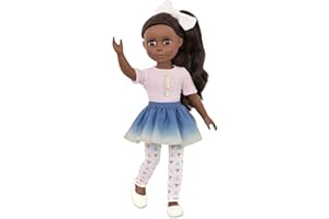 Li'l Woodzeez Glitter Girls - Keltie - Poupée de Mode posable de 36 cm - Cheveux Longs Bruns et Yeux Bruns - Haut et Jupe Bleu-Ocre avec Paillettes d'or - Teint Moyen à foncé - 3 Ans et +