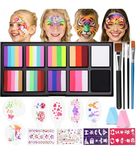 Bowitzki Kit pittura viso professionale per bambini, 12 x 10 g, Stencil One Stroke Split Cake non tossico, Rainbow Flora Dolphin Unicorn Flame Body Bowitzki Kit pittura viso professionale per bambini, 12 x 10 g, Stencil One Stroke Split Cake non tossico, Rainbow Flora Dolphin Unicorn Flame Body