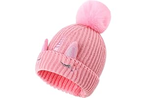 Cheerful Mario Baby Girls Knitted Hat Girls 3-9 Y Winter Warm Beanie Cosy Fleece Lining Cute Unicorn Pattern with Pom Pom