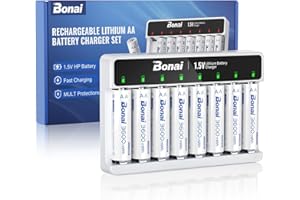 ‎BONAI BONAI Akumulatory litowe AA, 8 sztuk, 1,5 V, 3600 mWh, wysoka pojemność, bateria AA z ładowarką, szybkie i szybkie baterie litowe AA AAA do kamery zewnętrznej, Smart Lock, latarki itp