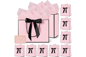 HONTIUS Sacchetti Regalo Medi, 10 pezzi 12.6" Sacchetti Regalo Grandi con Fiocco,32*25*10cm con Busta Regalo 10 Veline e 10 Bigliett per Damigella d'onore,San Valentino,Festa di Nozze Grigio Marrone