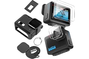 Rojeuinn per abito accessori GoPro Hero 2024, custodia in silicone + protezione schermo + copertura laterale, antipolvere, antigoccia, HD - Nero.