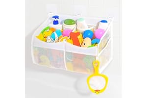 JUSJUBR Bath Toy Storage Net, 2 Compartment Hanging Toy Storage Bag,Bath Toy Caddy Tidy for Accessing & Sorting Toys, 1 Side Pocket and 3 Strong Suction Hooks