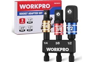 WORKPRO 3-Piece Impact Socket Adapter Set, 1/4" Hex Shank Bit Adapters with Holder, High Speed Nut Driver 1/4", 3/8" and 1/2" Drive, Impact Wrench Adapter for Automotive Drill & Impact Driver