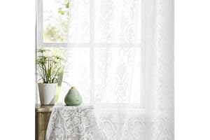 Abstractex White Lace Net Curtains 90 Inches Long for Living Room Damask Floral Sheer Panels for Bedroom Luxury Vintage Light Filtering Victorian Window Treatment Sets, 54" W Rod Pocket 2 Panels