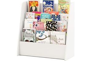 COSTWAY Kids Bookshelf, 4 Tier Children Bookcase with Deep Compartments, Front-Facing Books Display Rack for Playroom, Daycare, Kid’ Room (White)