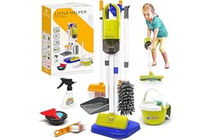 Dreamon Aspirapolvere Giocattolo Bambini, Set Pulizia Giocattolo da 14 Pezzi, Aspirapolvere 15 × 56 cm, per Bambini dai 3 Anni in su (Blu)