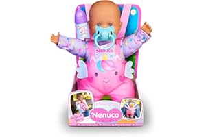 NENUCO, Damos un Paseo, muñeco bebé 35 cm de Cuerpo blandito, Accesorios y Mochila de porteo para Llevar Siempre contigo a Todos Lados, Desarrollo afectivo Emocional, niños +1, Famosa (NFN23000)