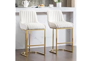 Ya-Home Bar Stools Set of 2 Velvet Breakfast Counter Chairs with Backrest & Golden Base, Kitchen Counter Stools for Home Bar, White
