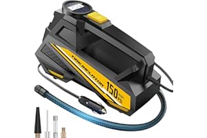 FLYKID Tyre Inflator Air Compressor 12V DC - Car Tyre Pump 150 PSI with 3 Nozzle Adaptors & LED Emergency Light for Cars, Bicycles & Sports Equipment，Preset Tyre Pressure & Auto Shutoff