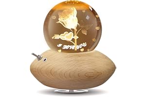 ‎HILEYOLLA HILEYOLLA 3D Kristallkugel Spieluhr,Kleine Prinz und Rose Nachtlicht Spieluhr mit Warmem-Projektionsleuchte Holzsockel Rotierende K9 Spieluhren für Weihnachten Geburtstags (Rose)