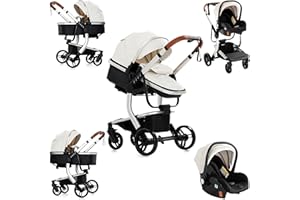 Sianldcone Cuero PU Carrito Bebe 3 en 1, Tejidos de Primera Calidad Carro Bebe 3 Piezas, Empuje Bidireccional Carros Para Bebes, Visión Abierta Silla Paseo Reversible (518 White)