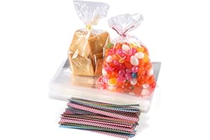 ihaspoko 200 Stück Transparente Cellophantüten, Zellophantüten mit 200 Farbig Bindebändern für Süßigkeiten, Kekse und Süßigkeiten (15x10cm)