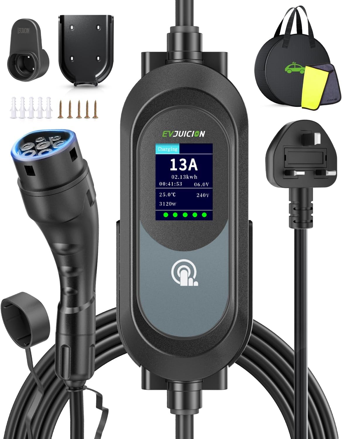 EVJUICION EV Charger 3 Pin Plug, 15M 3.1kW 6-13A 3 Pin EV Charger, Portable Electric Car Charger for up to 12H Delayed Start Charging with 2.4″ LED Screen, IP67 for EVs & PHEV