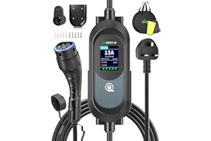 EVJUICION EV Charger 3 Pin Plug, 8M 3.1kW 6-13A 3 Pin EV Charger, Portable Electric Car Charger for up to 12H Delayed Start Charging with 2.4″ LED Screen, IP67 for EVs & PHEV