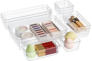 Lifewit 16 Pieces Drawer Organiser with 4 Sizes, Dressing Table Organiser System, Clear Plastic Makeup/Bathroom/Drawer Box, Desk Trays for Kitchen, Jewellery, Bedroom, Office