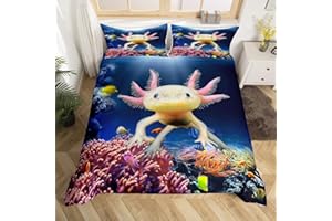 Manfei Nette Axolotl Bettbezug Set S Größe, Fisch Meeresleben Bettwäsche Set für Kinder Teens Mädchen Zimmer Dekor, Cartoon Tier Thema Tröster Abdeckung Sea Blue Quilt Cover mit 1 Kissenbezug