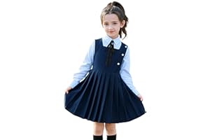 LOLANTA Girls Pleated Pinafore School Uniform Jumper Dress, Square Neck Sleeveless with Button Decoration, Anti-Wrinkle, 5-12 Years