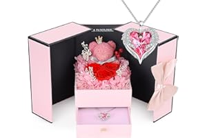 ELEUTH Rosa Eterna con Oso de Musgo,Rosa Eterna Natural Preservada con Collar Regalos Originales para Mujer Mama Novia Caja Regalo San Valentin,Dia de la Madre,Aniversario,Cumpleaños,Navidad