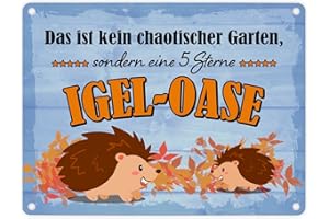 Igel Metallschild in 15x20 cm mit Spruch - Garten ist eine 5 Sterne Igel-Oase als lustige Dekoration im Garten für Tierliebhaber und Igelfreunde Paradies Tierwohl Blechschild