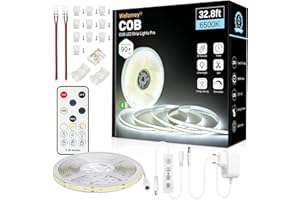 Wefomey 10M Ruban LED COB, Blanc Froid 6500K Flexible Dimmable 24V avec Telecommande et Alimentation, CRI>90, Largeur 8mm, 324 LEDs/M, Ruban LED Blanc Froid pour Maison Chambre Miroir Décorer