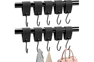 BAFIWU Gancho en S negros, 10 ganchos en S con hebilla de piel, ganchos para percha, para colgar en un armario, para el baño, el dormitorio, la sala de estar.