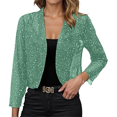 Acheter Femmes Mode À Manches Longues Haut Court Blazer Décontracté Ouvert Devant Paillettes Boléro Haussement D'épaules Manteau Femme Veste Cardigan O-cou Dames Soirée Vêtements D'extérieur