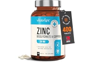 Zinc Supplements with Copper | 50mg Daily | 400 Zinc Tablets | 6+ Months | Zn Bisglycinate for Men & Women | High Absorption, High Strength Zink and Copper Supplement | Made in UK | VitaBright